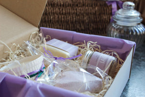 relaxing lavender soap and hand and body cream in purple handmade gift box