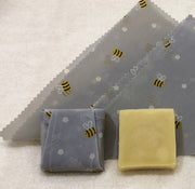 natural soap bars, wrapped in bee print beeswax wrap and unwrapped