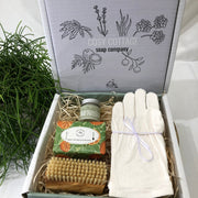 soap gift for gardeners with bamboo gloves, hemp & patchouli cream, orange and clary sage soap and wooden nail brush