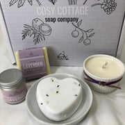 gift box with lavender soap, hand & body cream, bath bomb and ramekin candle