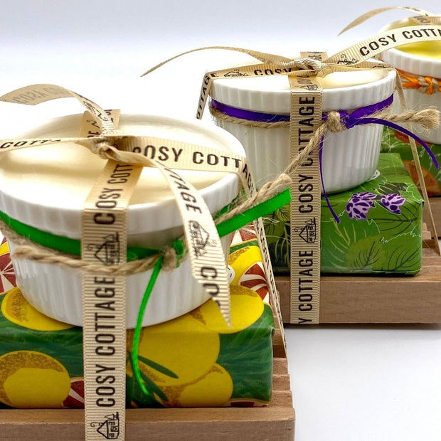 hand-decorated ramekin candles, herb garden soaps and wooden soap dishes hand-tied together with Cosy Cottage ribbon