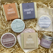 vegan products - shea butter soap, deodorant, lip balm, shampoo bar, solid conditioner, lavender hand and body cream