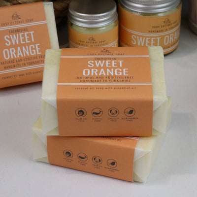 Cosy Cottage sweet orange 110g soap with Cosy Cottage sweet orange balm in glass jars