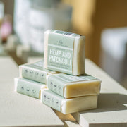 Cosy Cottage Hemp & Patchouli 55g soaps in a stack