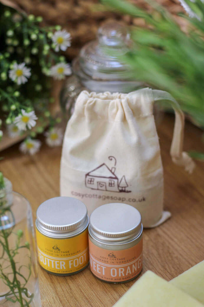 natural hand and body cream jars with cosy cottage cotton drawstring bag