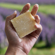 natural soap bar with suds held in a hand