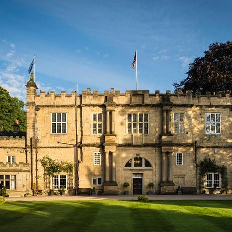 Large stone mansion with a clear blue sky and green trees