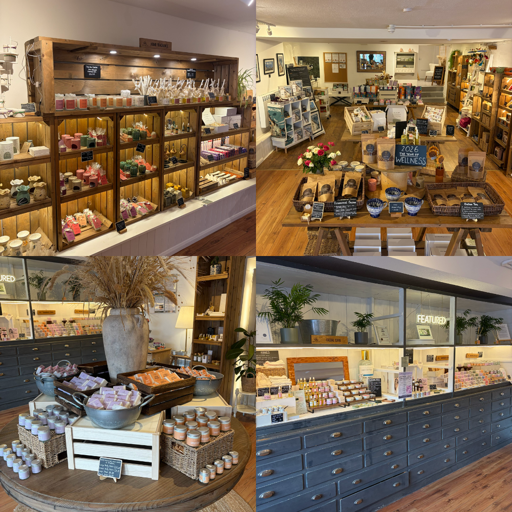 Collage of Cosy Cottage Malton store interior with shelves, products, and displays.