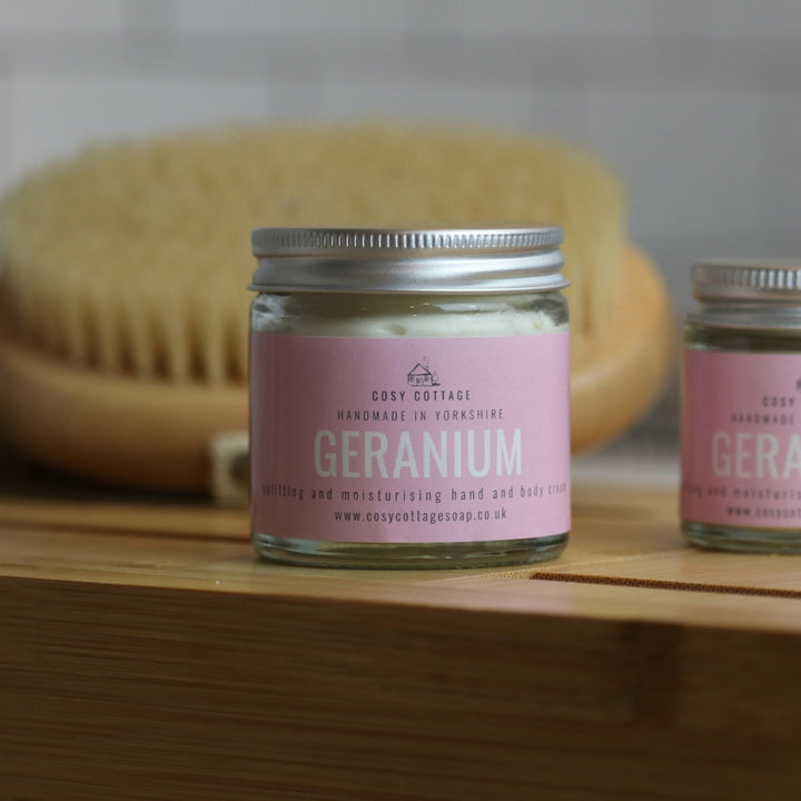 Uplifting Geranium Hand & Body Cream (with optional bamboo gloves) - Cosy Cottage Soap