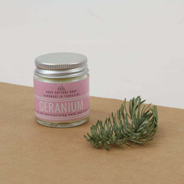 Uplifting Geranium Hand & Body Cream (with optional bamboo gloves) - Cosy Cottage Soap