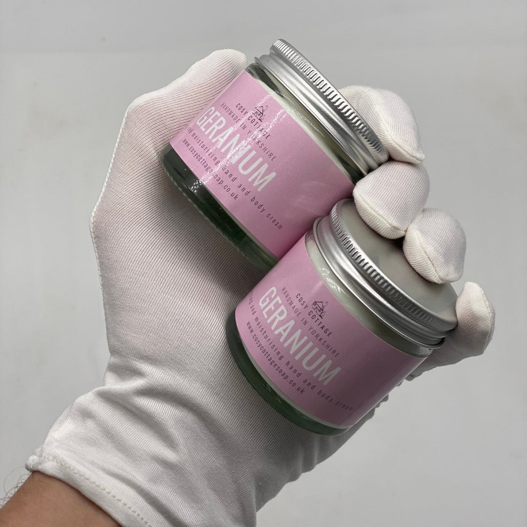 Uplifting Geranium Hand & Body Cream (with optional bamboo gloves) - Cosy Cottage Soap