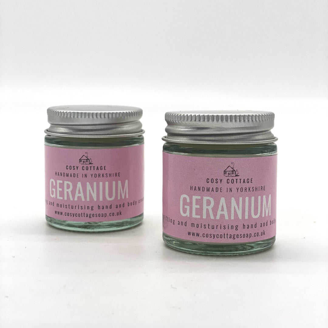Uplifting Geranium Hand & Body Cream (with optional bamboo gloves) - Cosy Cottage Soap