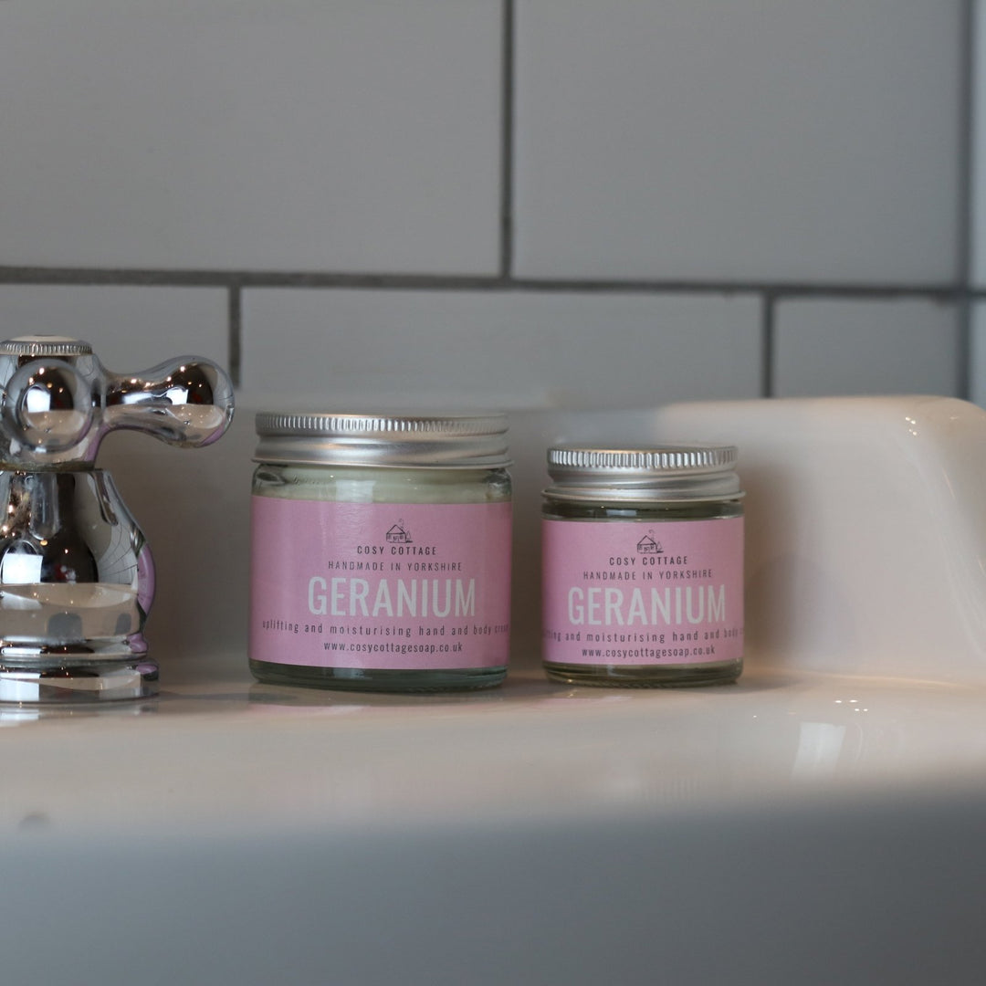 Uplifting Geranium Hand & Body Cream (with optional bamboo gloves) - Cosy Cottage Soap