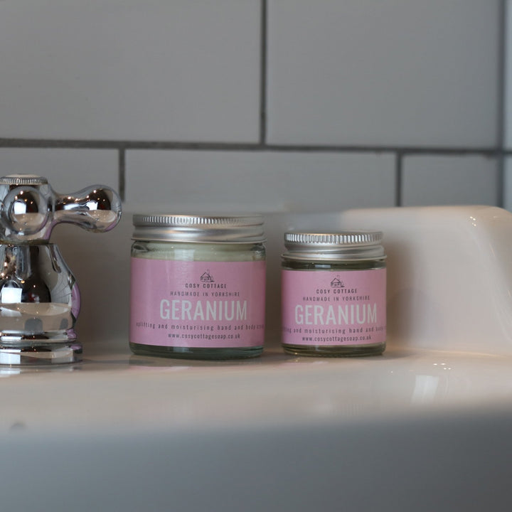 Uplifting Geranium Hand & Body Cream (with optional bamboo gloves) - Cosy Cottage Soap