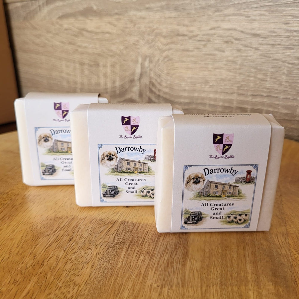 Three white rectangular boxes of All Creatures Great and Small' branded soap made in Yorkshire by Cosy Cottage Oap 