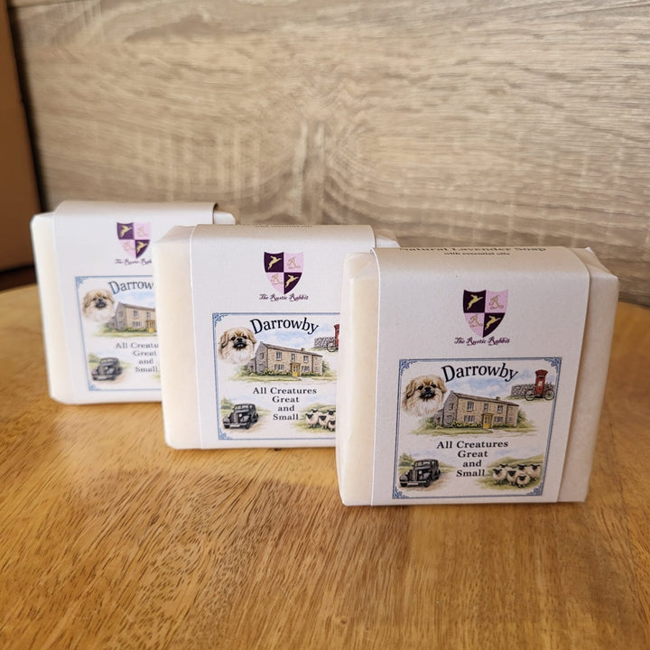 Three white rectangular boxes of All Creatures Great and Small' branded soap made in Yorkshire by Cosy Cottage Oap 