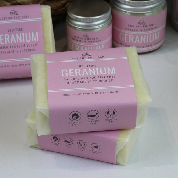 Cosy Cottage 110g geranium soaps with Cosy cottage geranium balm in glass jars
