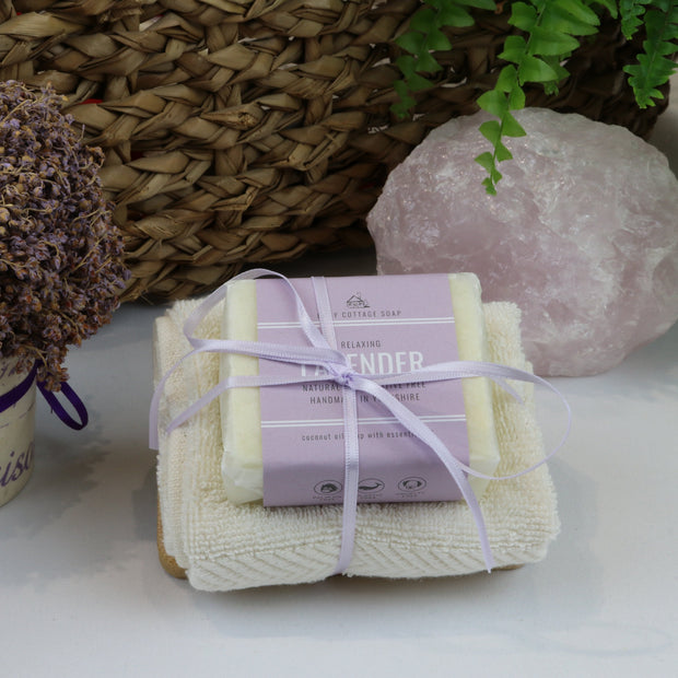 Cosy Cottage Soap 110g Soap, Lavender Soap Dish & Face Cloth Set