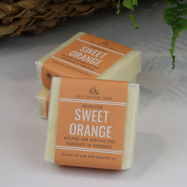 three bars of sweet orange vegan soap