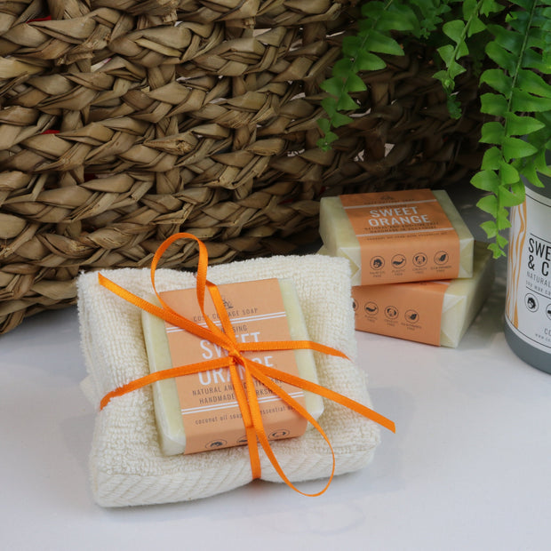 sweet orange vegan soap and cotton washcloth bundle