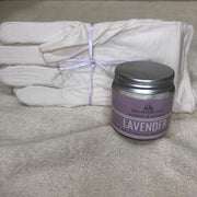pair of unbleached cotton gloves with glass jar of lavender hand and body balm