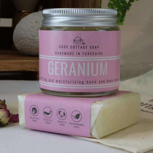 Cosy Cottage geranium soap with geranium hand and body cream 
