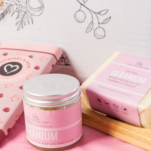 Geranium treats gift box with geranium soap, geranium hand & body cream, bamboo soap dish and raspberry & rose chocolate bar