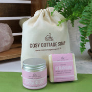 Cosy Cottage geranium soap and hand and body cream set with Cosy Cottage unbleached cotton drawstring bag