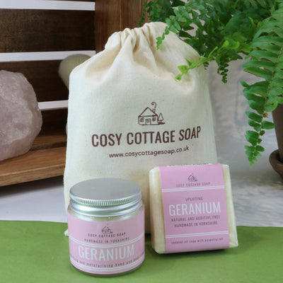 Cosy Cottage geranium soap and hand and body cream set with Cosy Cottage unbleached cotton drawstring bag