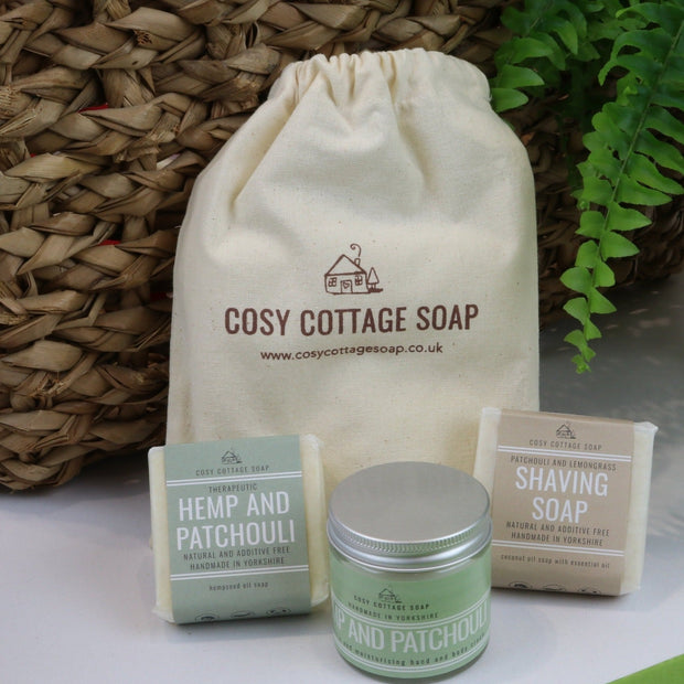 Cosy Cottage Soap Gift Set For Him With Shaving Soap, 55g Hemp & Patchouli Soap & hand cream