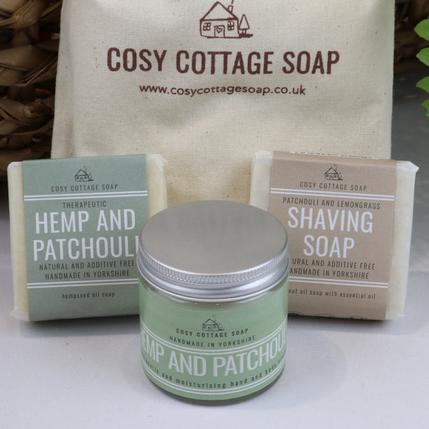 Cosy Cottage Soap Gift Set For Him With Shaving Soap, 55g Hemp & Patchouli Soap & 60ml hand cream