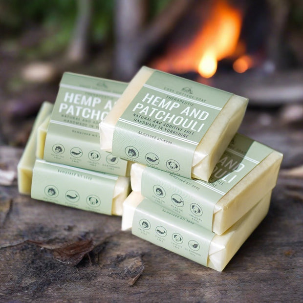 Cosy Cottage Hemp & Patchouli 55g soaps in a stack  