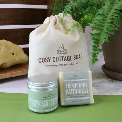 Cosy Cottage Soap Hemp & Patchouli Soap & Cream Set with cotton drawstring bag