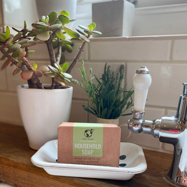Cosy Cottage household soap in soap dish next to kitchen sink with plants behind