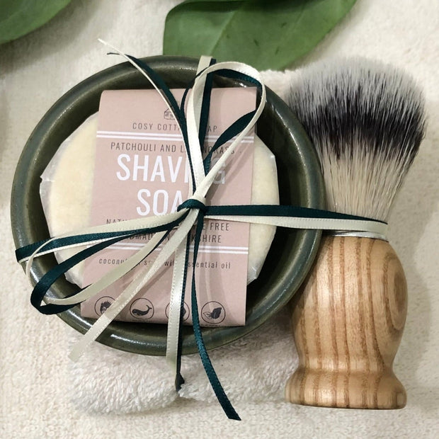 shaving soap roundel, ceramic soap dish, shaving brush with beech handle. Hand-tied with green ribbon