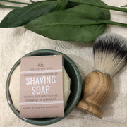 shaving soap roundel, ceramic soap dish, shaving brush with beech handle