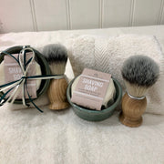 shaving soap, ceramic soap dish and shaving brush gift set