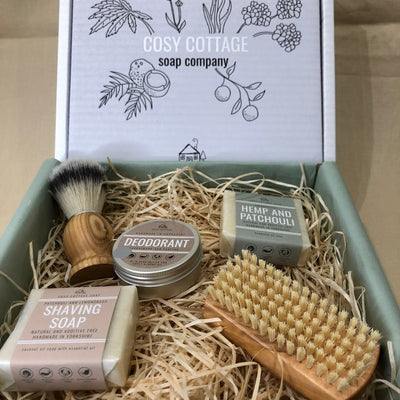 Something for the chaps gift box with sandalwood and tea tree deodorant, hemp & patchouli soap, shaving soap, shaving brush and wooden nail brush