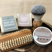 men's gift of sandalwood and tea tree deodorant, hemp & patchouli soap, shaving soap, shaving brush and wooden nail brush