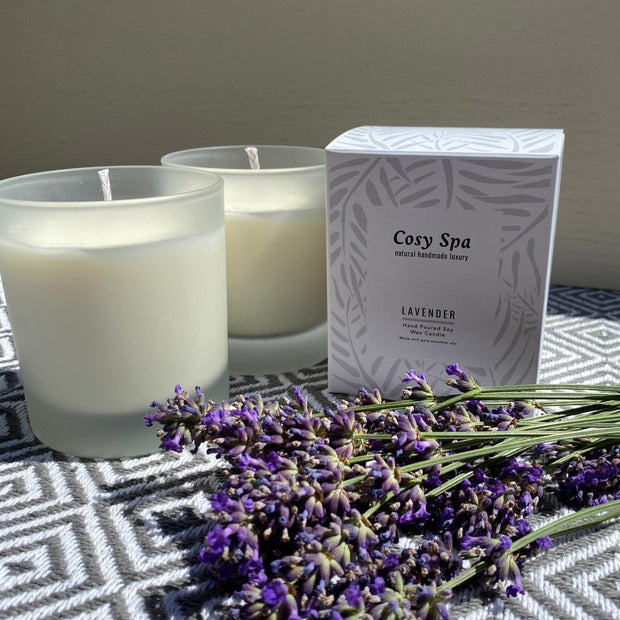 two cosy spa lavender candles in frosted glass jars with Cosy Spa branded candle box