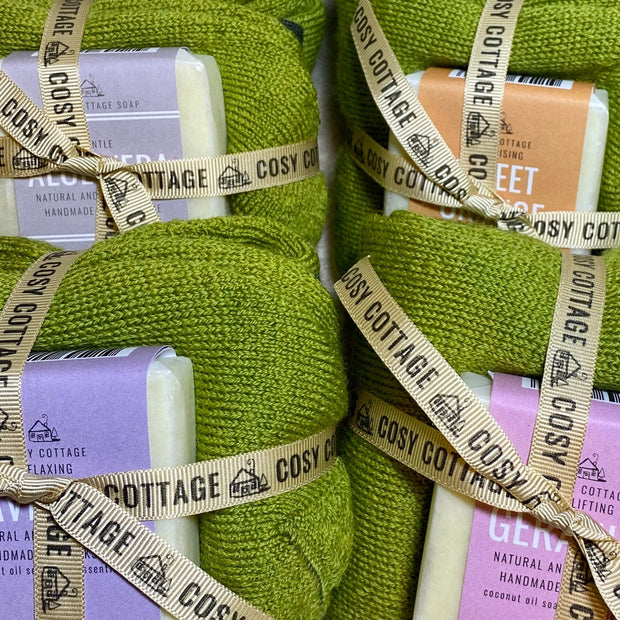 55g Cosy Cottage soaps with Yorkshire made green woollen socks tied into bundles