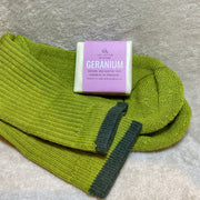55g Cosy Cottage geranium soap with Yorkshire made green woollen socks 