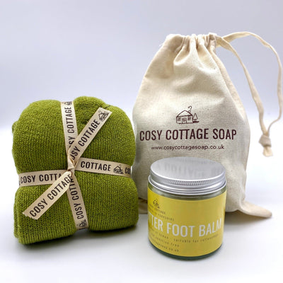 mango butter and lemon foot balm, green woollen socks, Cosy Cottage cotton drawstring bag