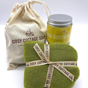 mango butter and lemon foot balm, green woollen socks, Cosy Cottage cotton drawstring bag