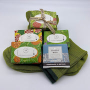 Cosy Cottage herb garden soaps with green woollen socks and 30g bar of milk chocolate