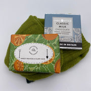 Cosy Cottage herb garden sweet orange and clary sage soap with green woollen socks and 30g bar of milk chocolate 