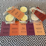 Cosy Spa soy wax tea light candles with wrapping and labels