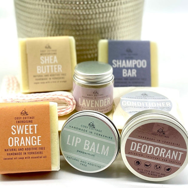vegan products - shea butter soap, deodorant, lip balm, shampoo bar, solid conditioner, lavender hand and body cream