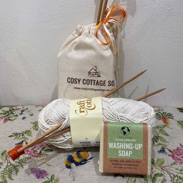 knitting needles, knitting cotton, cotton drawstring bag, washing up soap