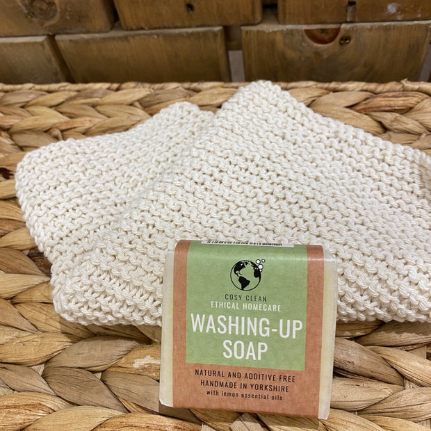 hand-knitted cotton dishcloth with Cosy Cottage washing up soap bar